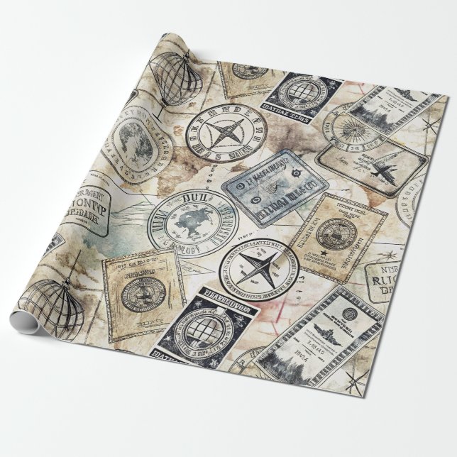 Papel De Presente Selo de Passaporte Rústico Padrão de Viagem (4) (Desenrolado)