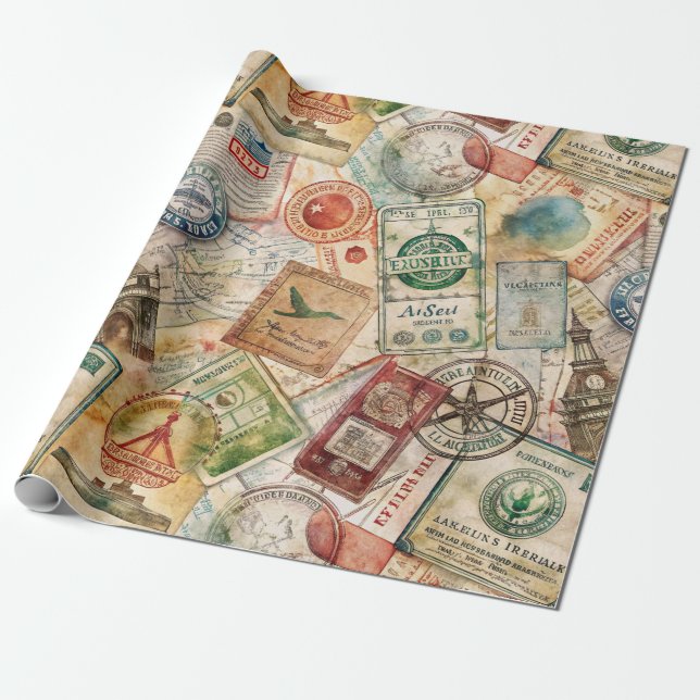 Papel De Presente Selo de Passaporte Rústico Padrão de Viagem (5) (Desenrolado)