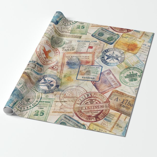 Papel De Presente Selo de Passaporte Rústico Padrão de Viagem (6) (Desenrolado)