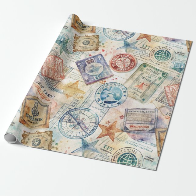 Papel De Presente Selo de Passaporte Rústico Padrão de Viagem (7) (Desenrolado)
