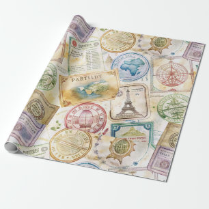 Papel De Presente Selo de Passaporte Rústico Padrão de Viagem (8)