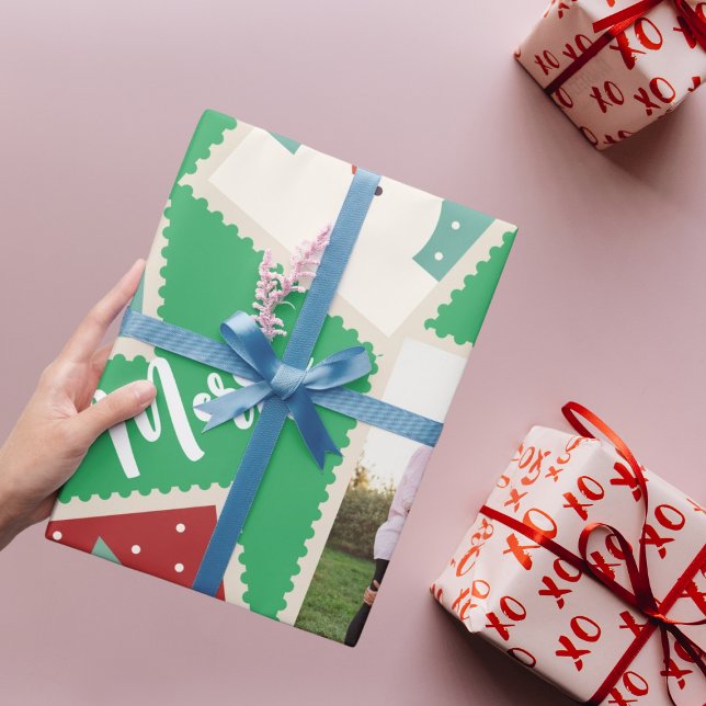 Papel De Presente Selo Postal de Natal Engraçado Personalizado Verde (Criador carregado)