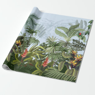 Papel De Presente Sem costura, borda com árvores e flores da selva.