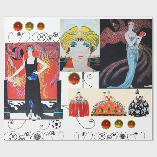 PAPEL DE PRESENTE SENHORA COM FÊNIX, BELA MODA DE ROUPAS ART DÉCO (Aberto)
