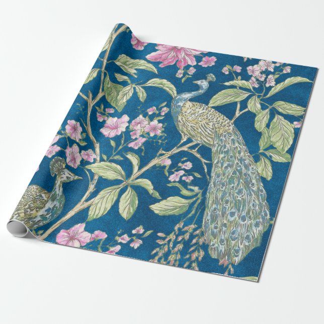 Papel De Presente Separação floral de pavão de chinês azul (Desenrolado)