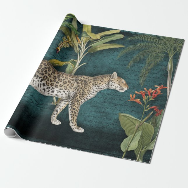 Papel De Presente Separação Tropical Floral Azul de Leopardo Selvage (Desenrolado)