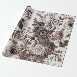 Papel De Presente Sepia Brown Black White Vintage Floral Toile No.3