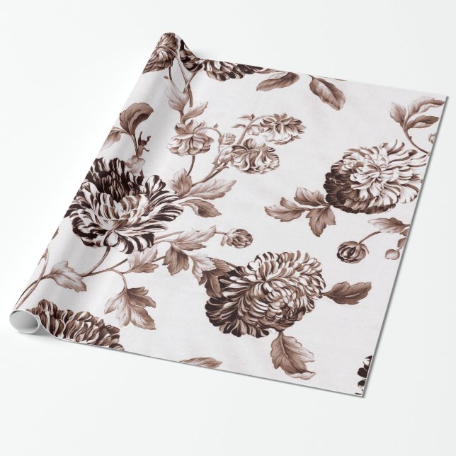 Papel De Presente Sepia Brown Vintage Toile Botânica (Desenrolado)