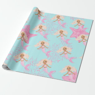 Papel De Presente Sereia Cute Girly Rosa Azul Sob O Mar