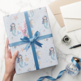 Papel De Presente Sereia de Aniversário Azul Debaixo do Mar