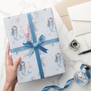 Papel De Presente Sereia de Aniversário Azul Debaixo do Mar