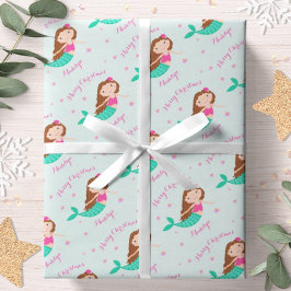 Papel De Presente Sereia de Natal Rosa, Colorido, Personalizada