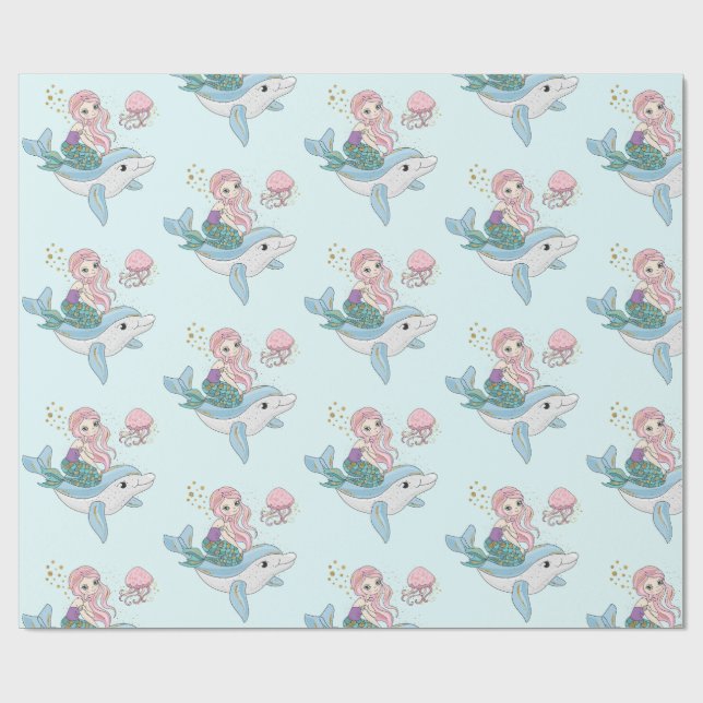 Papel De Presente Sereia Fofa Andando um Golfinho Sob o Mar (Aberto)