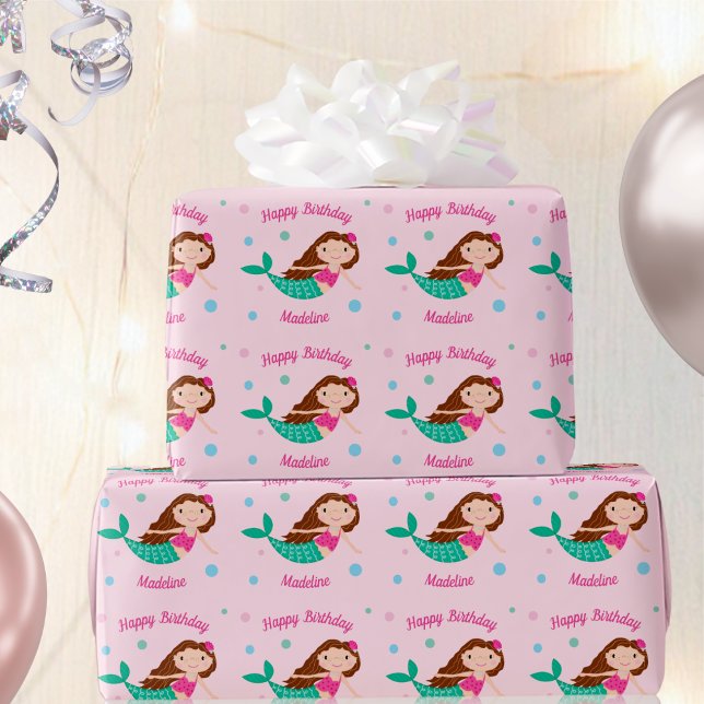 Papel De Presente Sereia Fofa Rosa Aniversário Personalizado (Criador carregado)