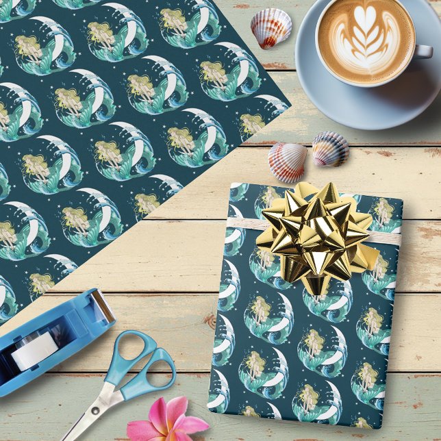 Papel De Presente Sereia Loira Lua Crescente Arte Deco Fantasia (Criador carregado)