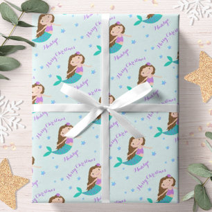 Papel De Presente Sereia Natal Brilho Roxo Personalizado