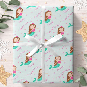 Papel De Presente Sereia Natal Rosa Azul Personalizado