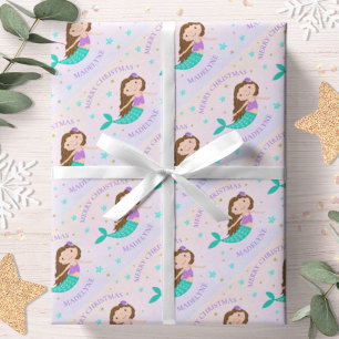 Papel De Presente Sereia Natal Roxo Dourado Brilho Personalizado
