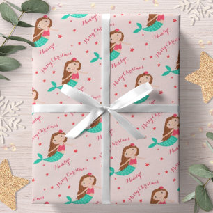 Papel De Presente Sereia Rosa Bege Natal Personalizado