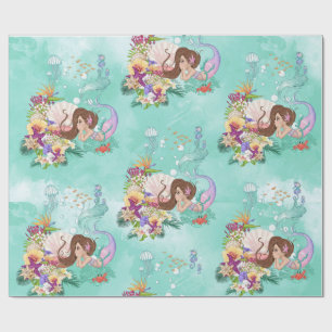Papel De Presente Sereia Rosa Escuro Cabelo Escuro Coral de Peixe Es