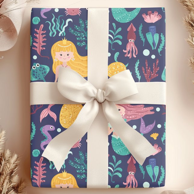 Papel De Presente Sereia Sob o Mar Oceano Aniversário (Criador carregado)