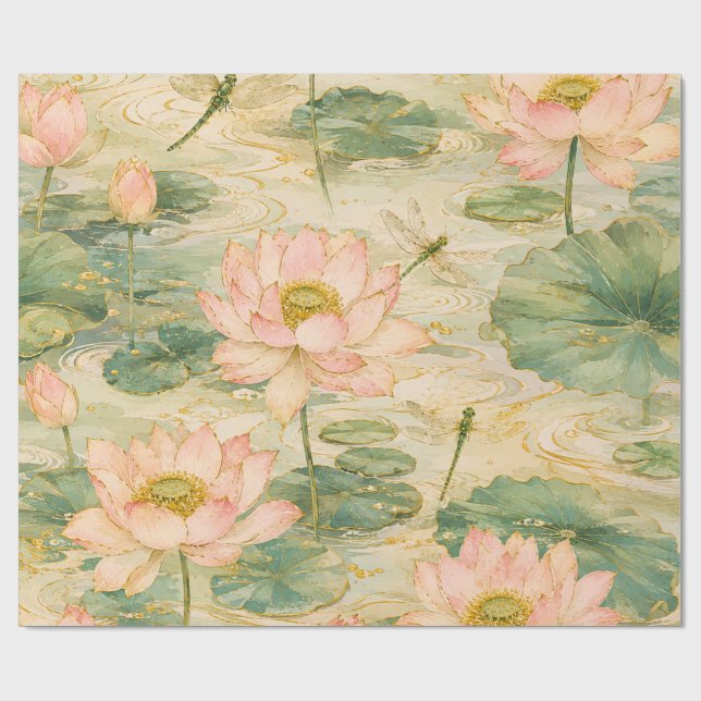 Papel De Presente Serenas Flores de Lótus & Libélulas Botânica Japon (Aberto)
