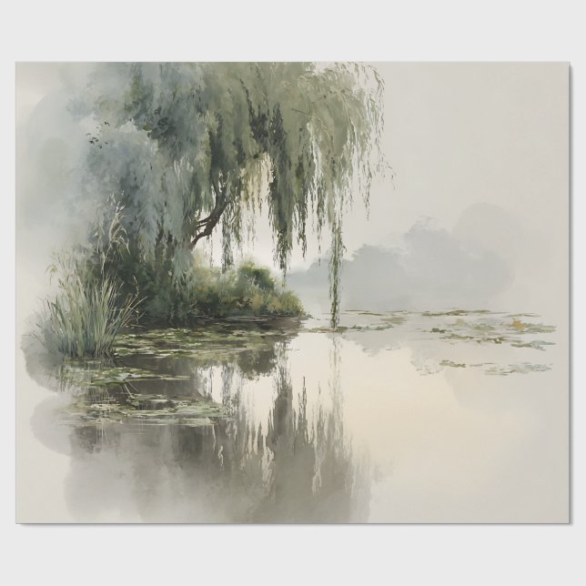 Papel De Presente Serene Willow Tree Reflection Nature Art (2) (Aberto)