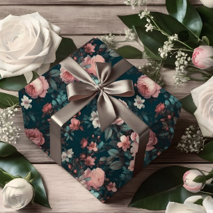 Papel De Presente Serenidade Teal Com Jardim Rosa Rosa Rosa