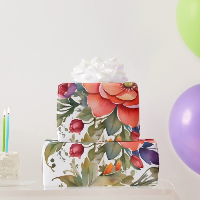 Papel De Presente Sereno Floral em Aquarela PD (Presentes para festas)