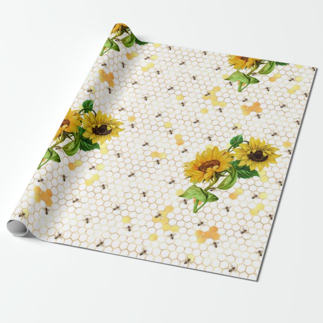 Papel De Presente Série de Girassóis e Abelhas Design Nove (Desenrolado)