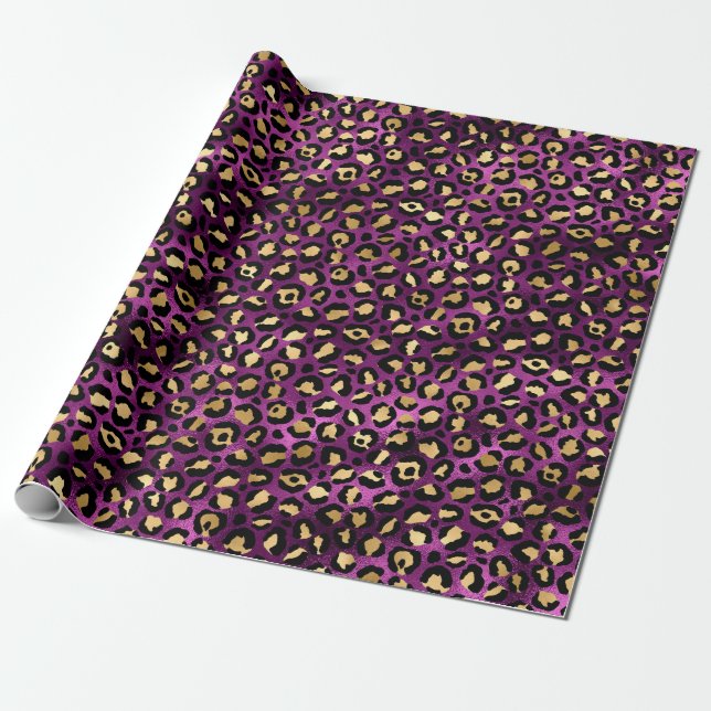 Papel De Presente Série Design Leopardo Roxo e Dourado 1 (Desenrolado)