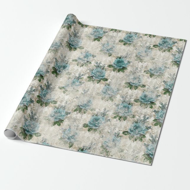 Papel De Presente Série Floral Shabby Aqua Design 2 (Desenrolado)