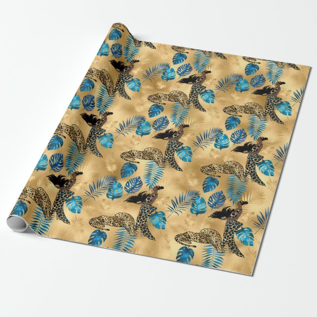 Papel De Presente Série Leopardo Azul e Dourada Design 7 (Desenrolado)