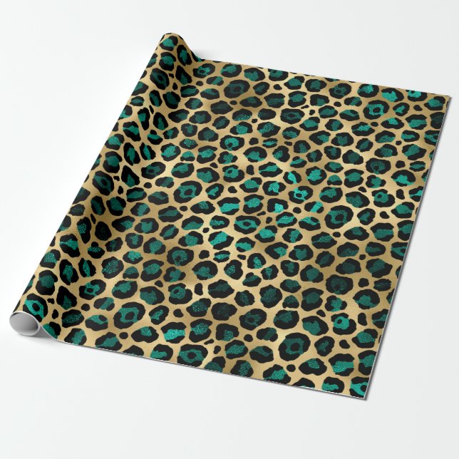 Papel De Presente Série Leopardo-Teal e Dourada Design 14 (Desenrolado)