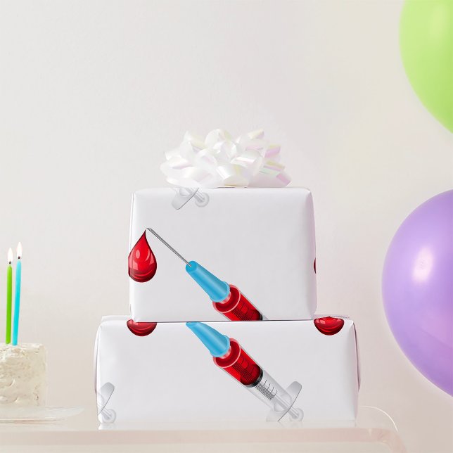 Papel De Presente Seringa Médica com Gota de Sangue (Criador carregado)