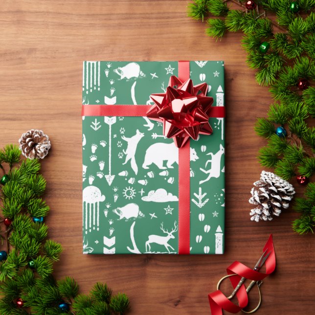Papel De Presente Setas de Rastreamento de Animais da Floresta Verde (Presente de Natal)