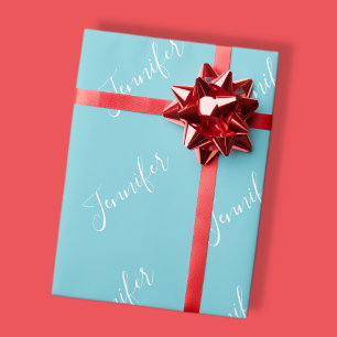Papel De Presente Seu nome Elegante White Script em Robin Egg Blue