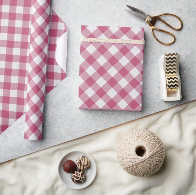 Papel De Presente Shabby Chic Branco Gingham Rosa Escuro (Artesanato)