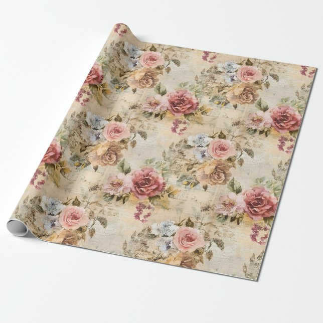 Papel De Presente Shabby Chic Floral em Bege (Desenrolado)