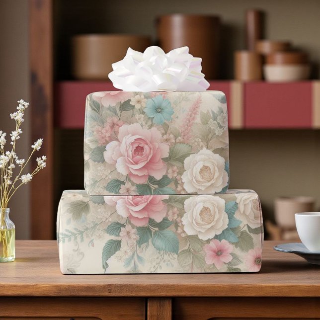 Papel De Presente Shabby Chic Rosa Desbotado Verde Sage Boho Floral  (Criador carregado)
