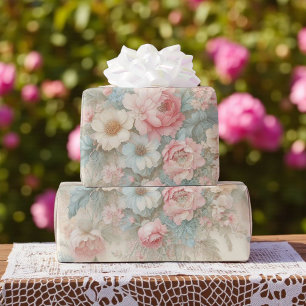 Papel De Presente Shabby Chic Rosa Desbotado Verde Sage Boho Floral 