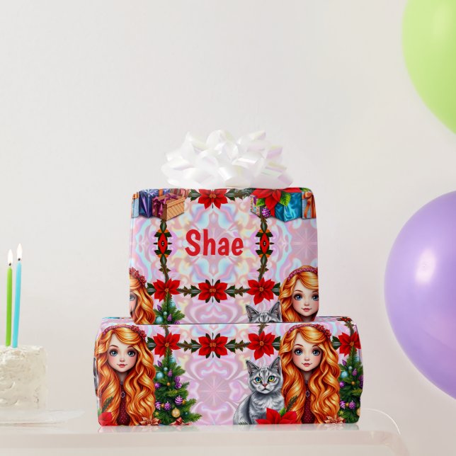 Papel De Presente SHAE ~ Christmas Girl and Cat ~ (Presentes para festas)