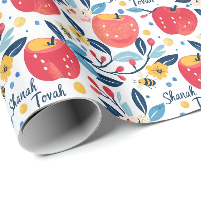 Papel De Presente Shana Tova com maçãs e abelhas (Ponta do rolo)