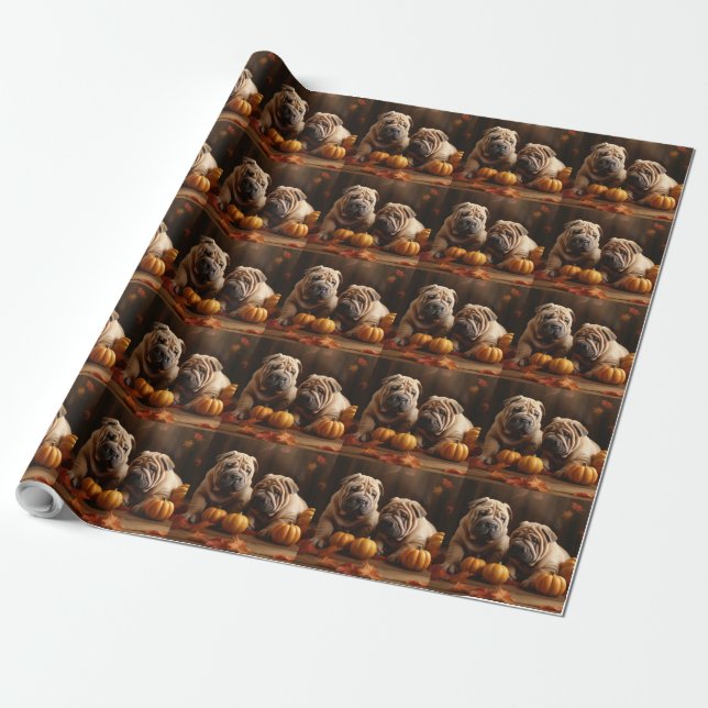 Papel De Presente Shar Pei Puppy Autumn Delight Pumpkin (Desenrolado)