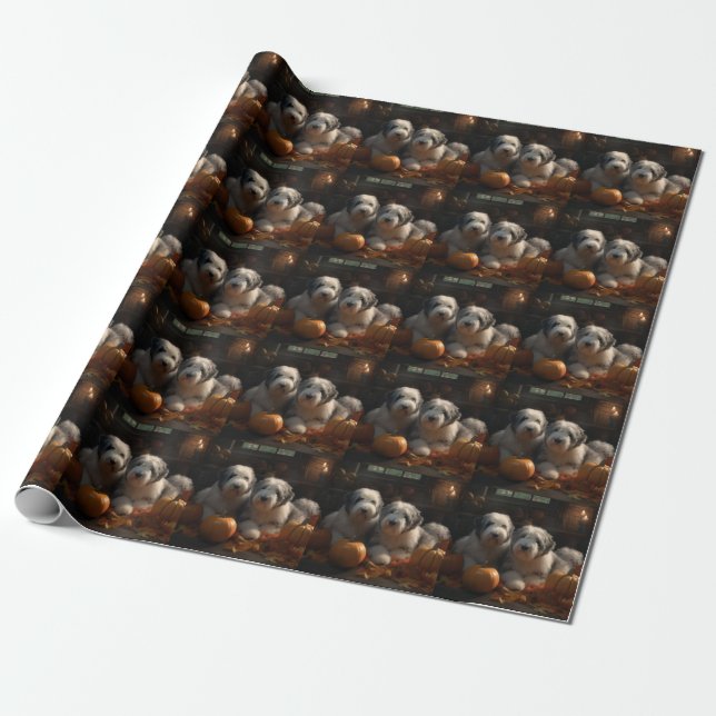 Papel De Presente Sheepdog Inglês Puppy Autumn Delight Pumpkin (Desenrolado)