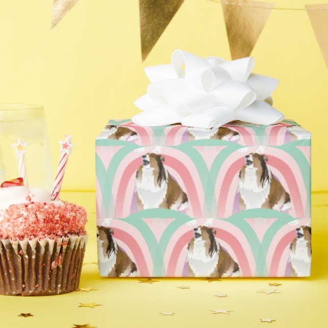 Papel De Presente Sheltie Dog Rainbow Pink Birday (Festa de aniversário)
