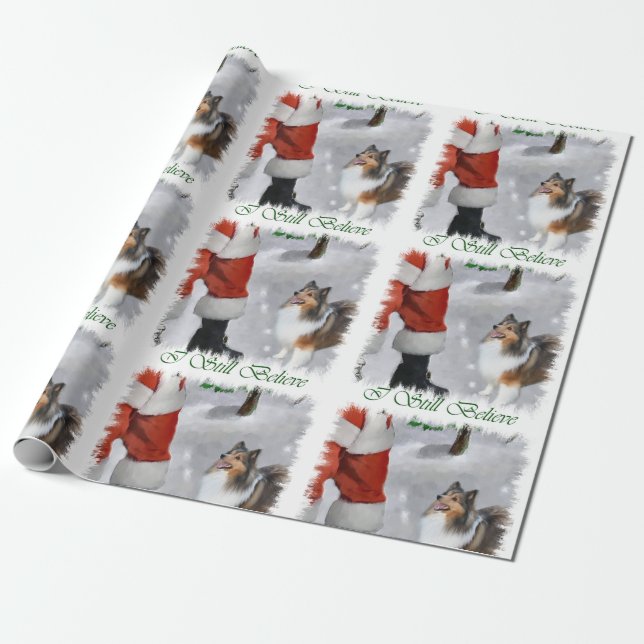 Papel De Presente Shetland Sheepdog Acredita no Natal (Desenrolado)