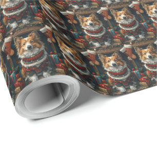 Papel De Presente Shetland Sheepdog Com Presentes de Natal Lareira