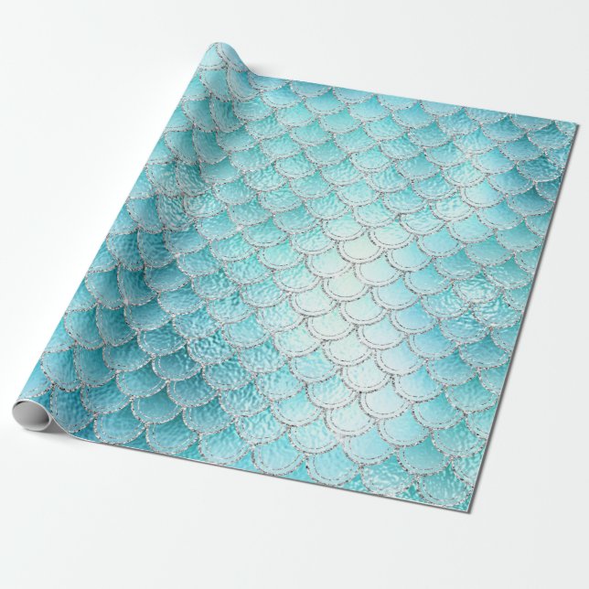 Papel De Presente Shimmering Fish Scales on Aqua (Desenrolado)