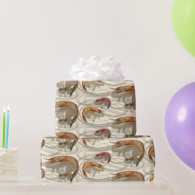 Papel De Presente Shrimp Seafood Shellfish Patterno Ecru (Presentes para festas)